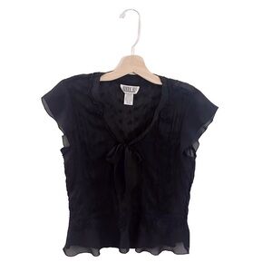 Vintage Robbie Bee Ascot Tie Chic Black Sheer Top Short Sleeve